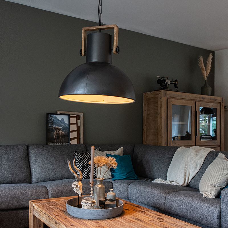 Industriele hanglamp donkergrijs met mango hout - Mangoes
