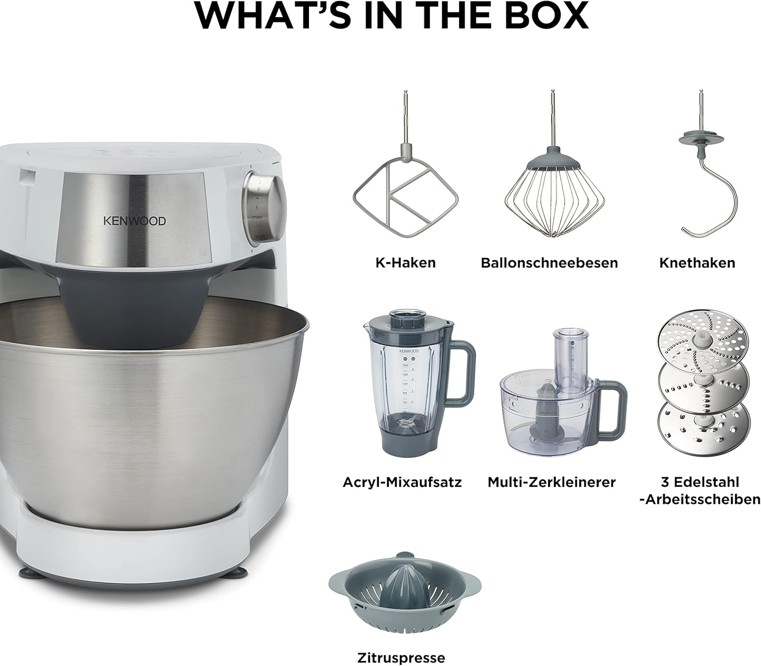 Kenwood Prospero+ KHC29.H0WH Küchenmaschine, 4,3 l Edelstahl Schüssel, 1000 Watt, inkl. 9-teiligem Zubehör-Set mit Zerkleinerer, Acryl-Mixaufsatz, Zitruspresse und mehr, Weiß