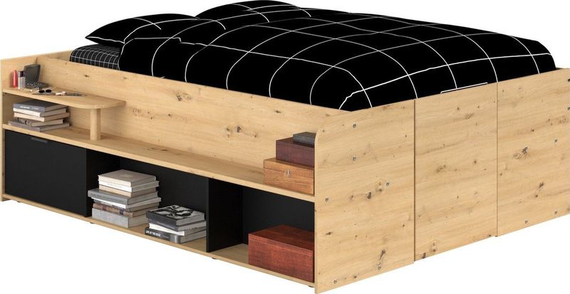 Logeerbed - Blank Eiken - Mat Zwart - Opklapbare Lattenbodem - Met Bergruimte