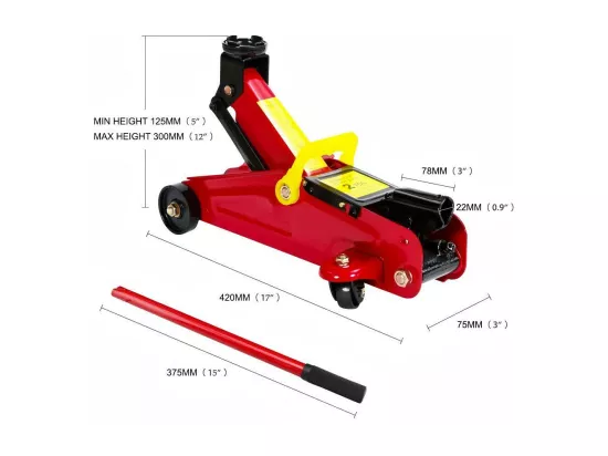 Trolley Jack 2 Tonne, Cric hydraulique de Voiture, 125-300mm élévateur de Voiture, avec roulettes et Poignée de transport, 42x7.5x12.5cm