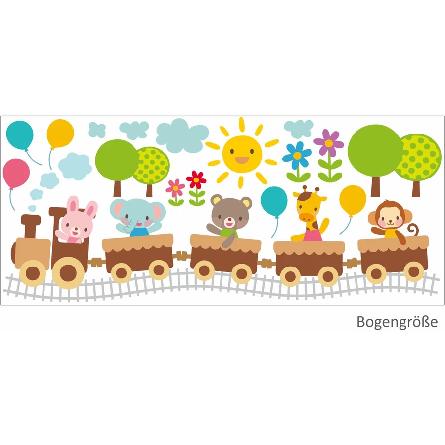 Nikima Wandtattoo 019 Wandtattoo Zug mit Tieren Hase Bär Elefant Giraffe Affe Ballons bunt