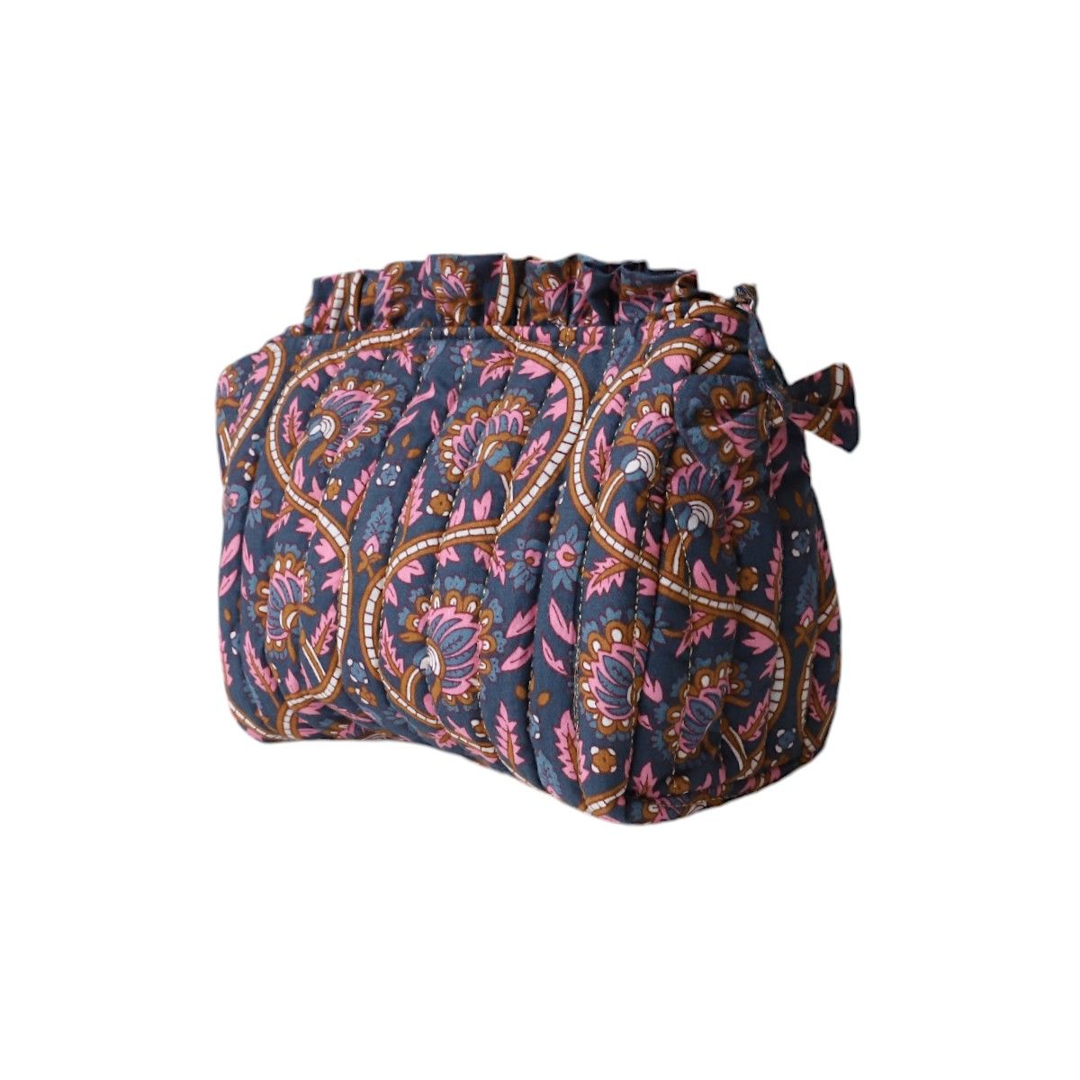 Petite trousse de toilette froufrou block print bleu - Mariage Indien Pondie Chérie