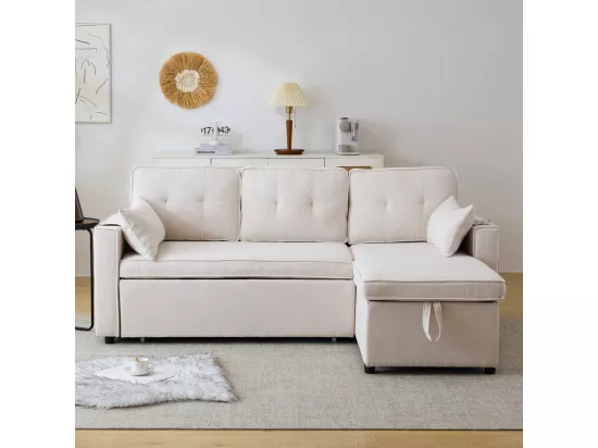 Canapé d'angle réversible convertible en coton et en lin, Méridienne avec rangement, porte-verres, 211x129.5x86cm, Beige