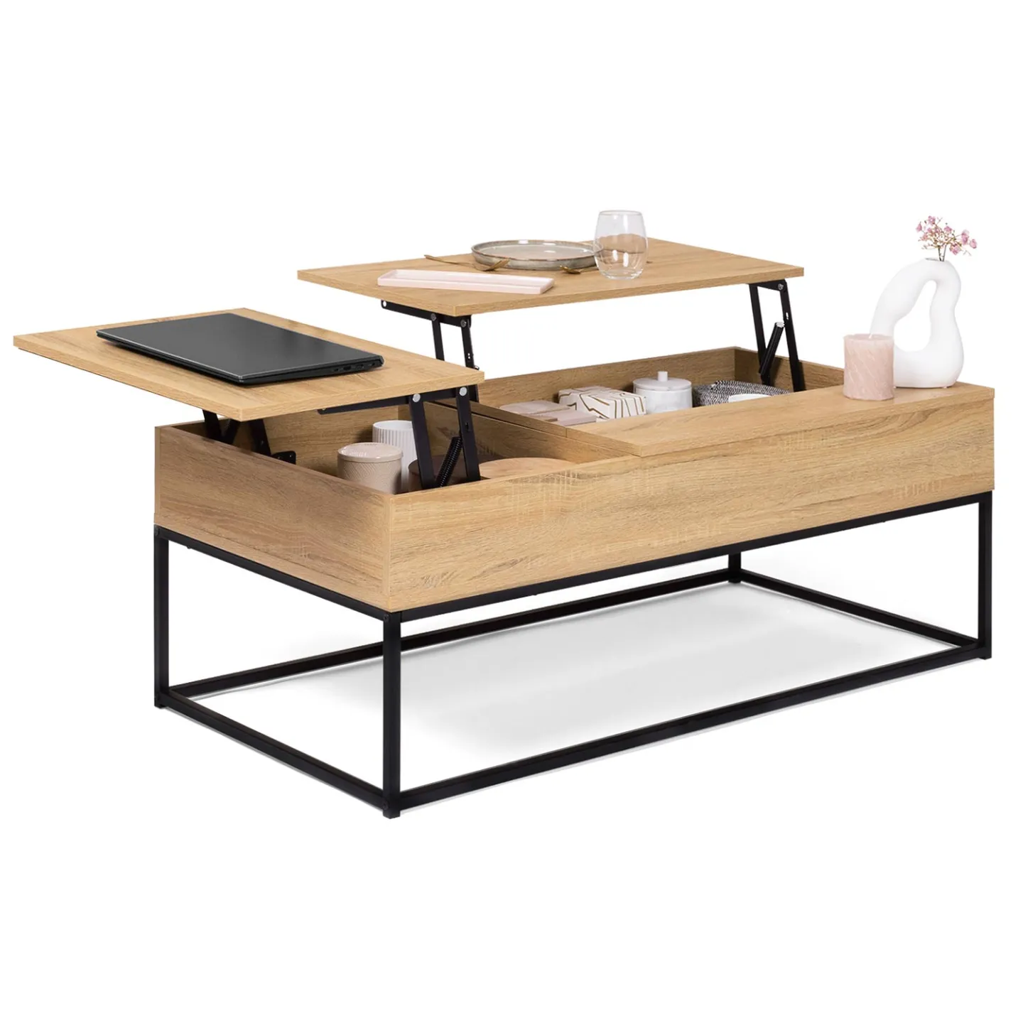 Table basse 2 plateaux relevables rectangulaire DETROIT design industriel