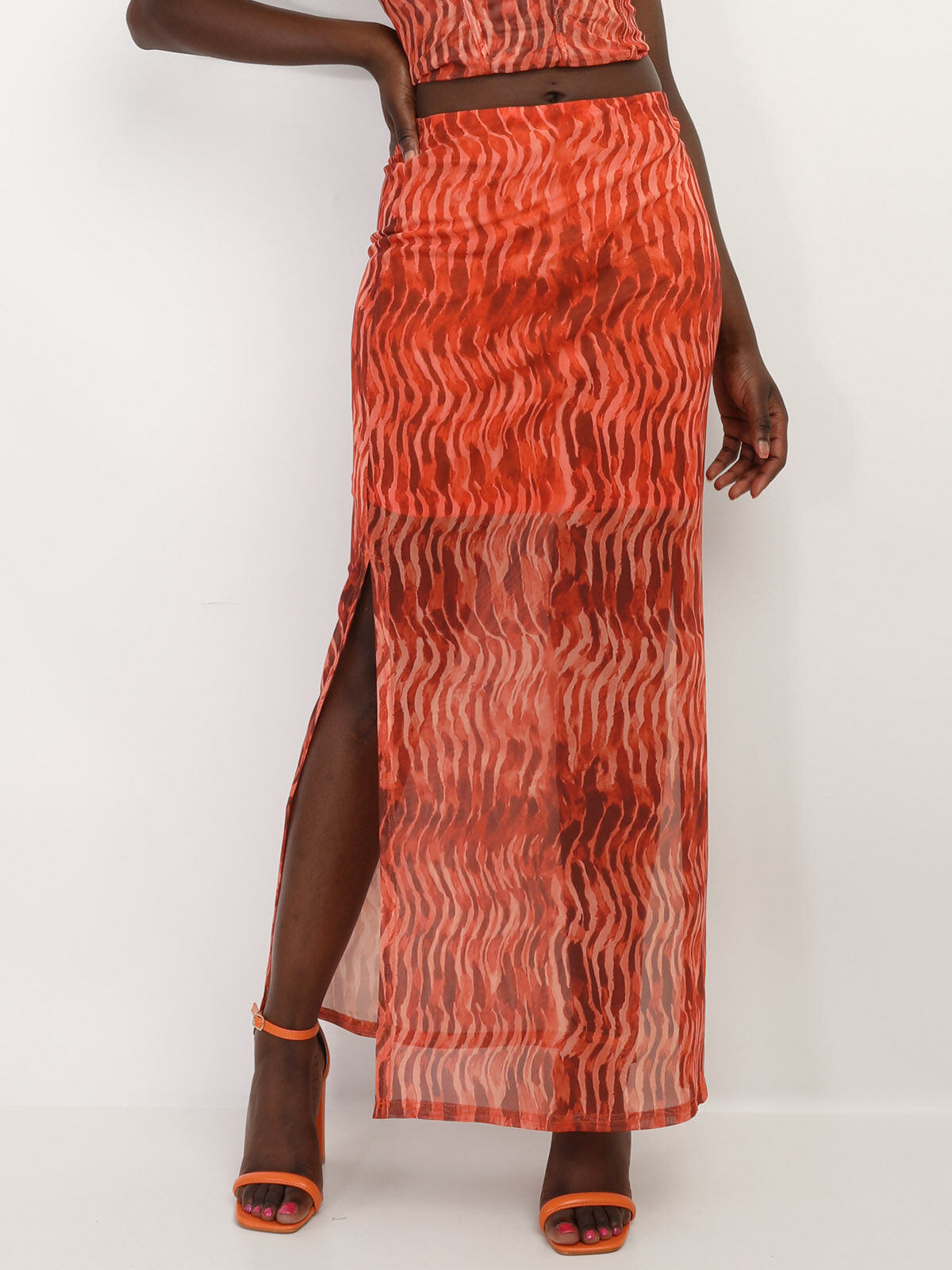 Jupe imprimée en mesh à fentes- orange