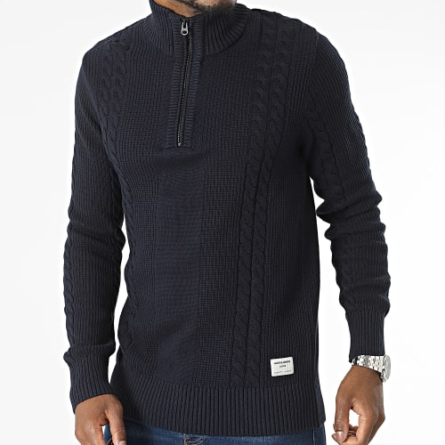 Pull Col Zippé Grid Cable Bleu Marine