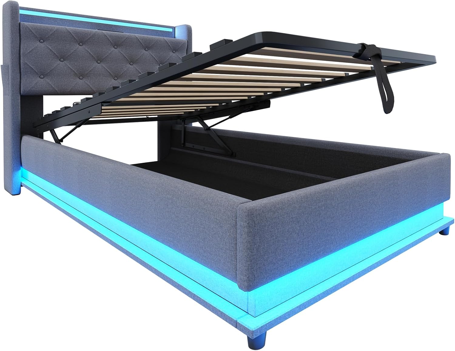 Merax Kinderbett Polsterbett 90x200 cm Einzelbett mit hydraulischem Bettkasten, LED Beleuchtung & USB Type-C, aufklappbarem Kopfteil & Handytaschen, Leinenstoff Grau, ohne Matratze