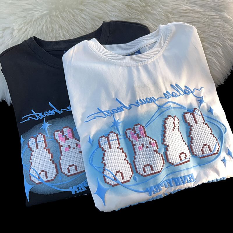 Rosesand - T-shirt met korte mouwen en konijnenprint en losse pasvorm