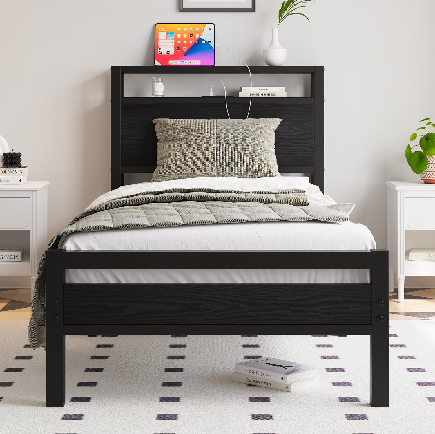 HOJINLINERO Bettgestell Metallbett 90x200 mit Lattenrost & USB Ladefunktion,Einzelbett Gästebett Jugendbett 90x200 mit Stauraum Kopfteil,Bettrahmen aus Metall Holz,Stauraumbett Bed Frame,Schwarz