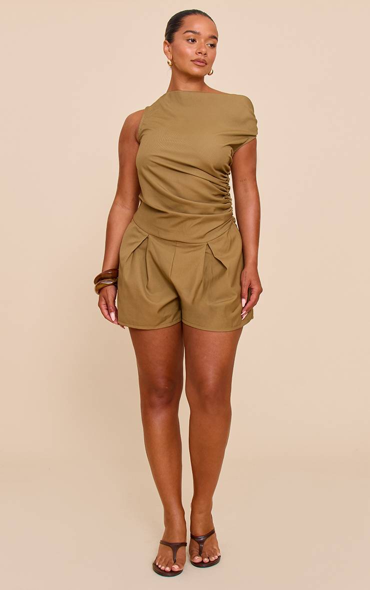 Kaki Combishort Ajusté Froncé À Manche Unique En Tissu Tissé Shape