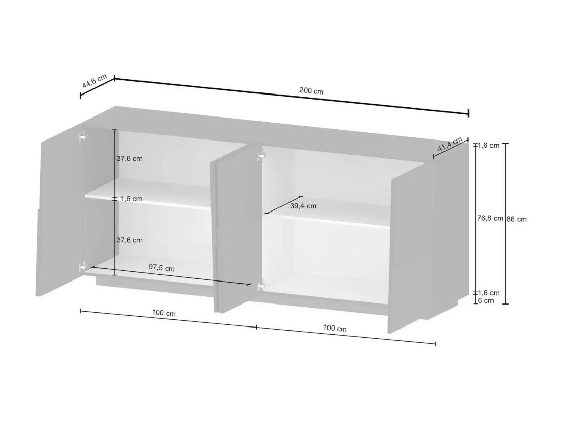 Buffet Yago, Buffet de salon, Buffet de salon moderne avec 4 portes, 200x44h86 cm, Anthracite