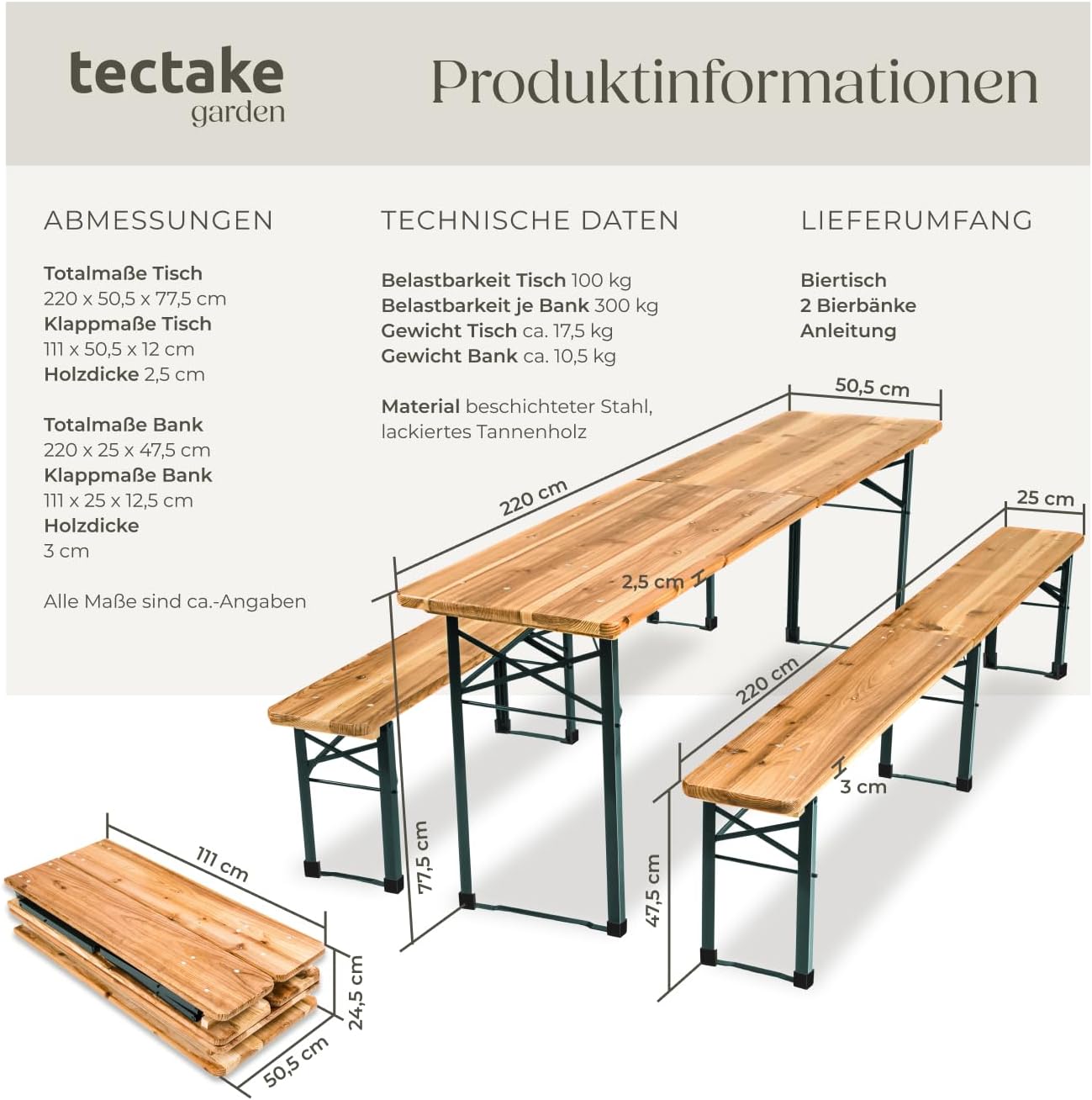 tectake® Bierzeltgarnitur, Festzeltgarnitur, Biertisch, Set 2X Bierbank 1x Tisch klappbar, als Gartenmöbel, Balkon Möbel oder zum Camping, platzsparend, wetterfest und robust