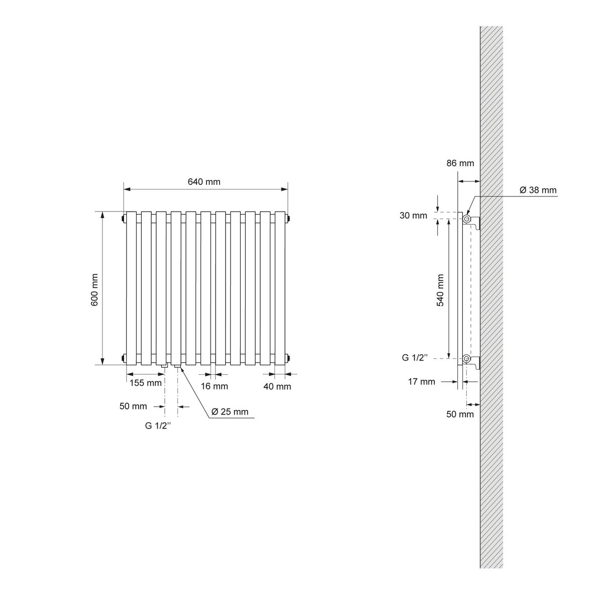 LuxeBath Stella Horizontale Designradiator 640 x 600 mm, Matzwart, Middenaansluiting, Enkellaags, Vlak, Badkamerradiator, Paneelradiator, Vlakke radiator, Badkamerverwarming, Badkamerwandverwarming