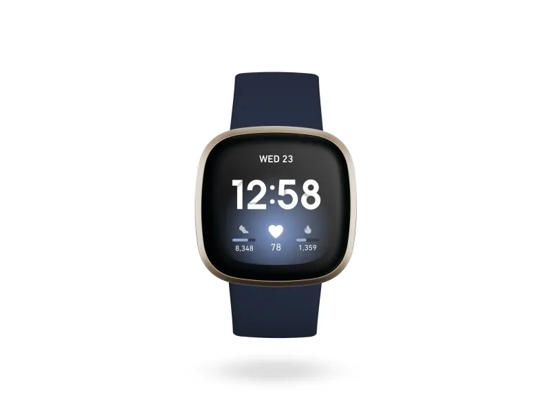 [OUTLET] - Fitbit Versa 3 - Blødt guld-aluminium - smart ur med bånd - silikone - midnat - båndstørrelse: S/L - Wi-Fi, NFC, Bluetooth