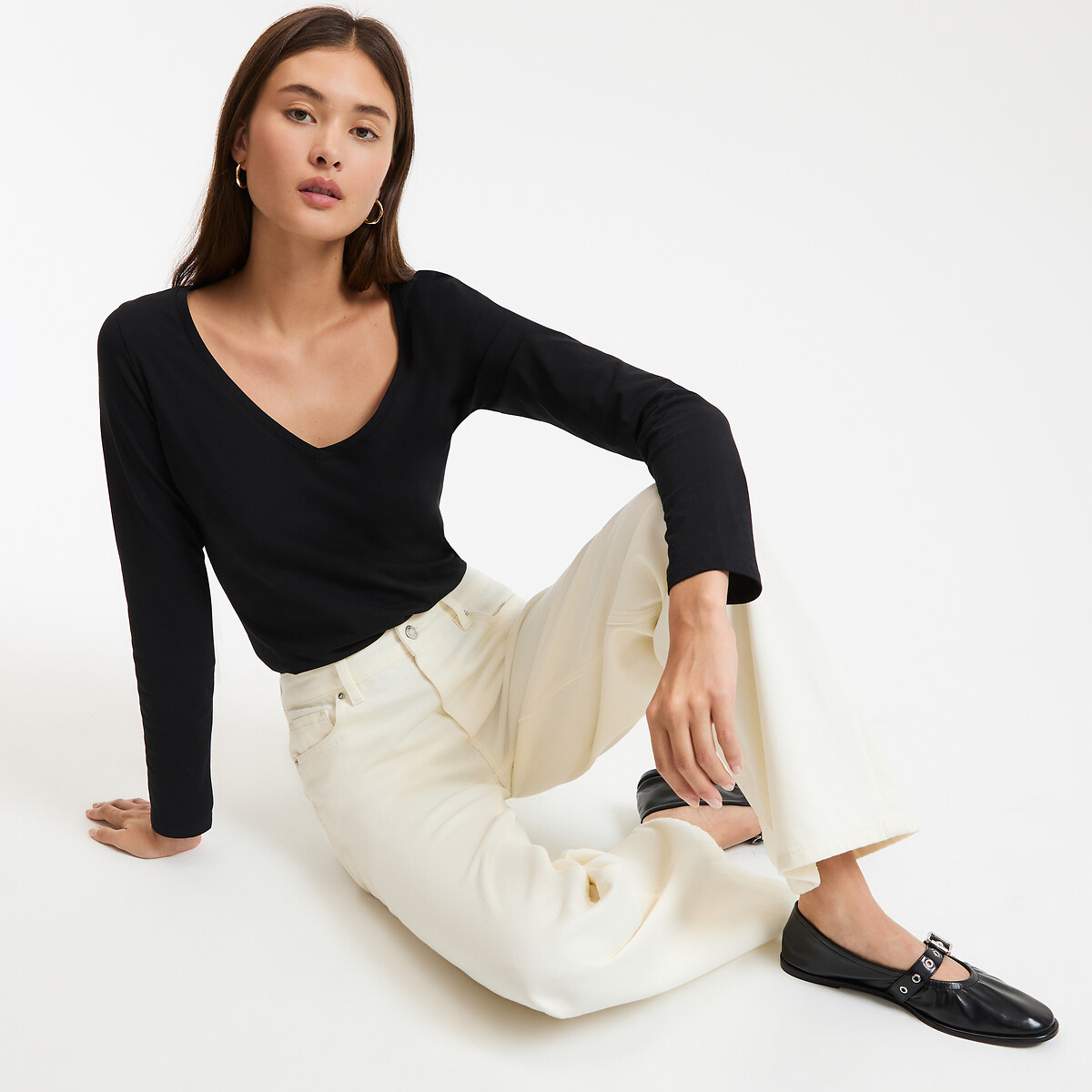 COLEÇÕES LA REDOUTE<br>Camiseta de algodão orgânico, gola V, mangas compridas