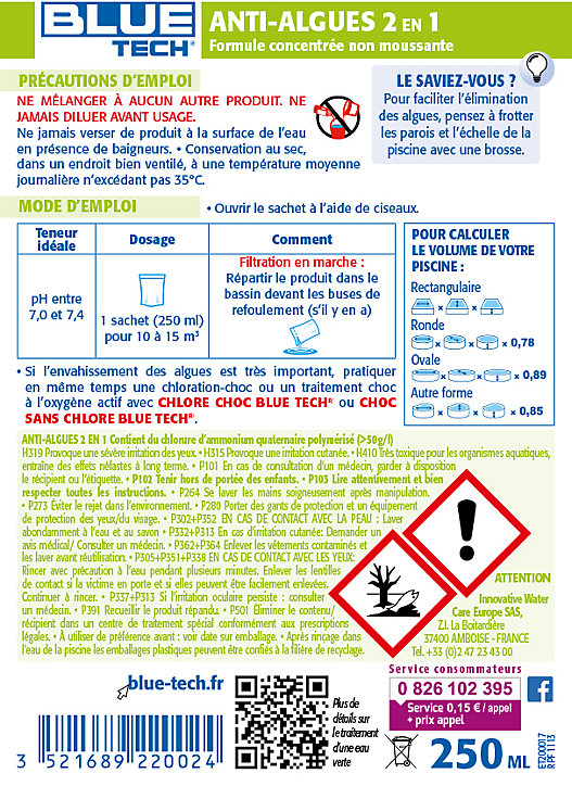 Anti algues unidose 10-15 m3, 250ml