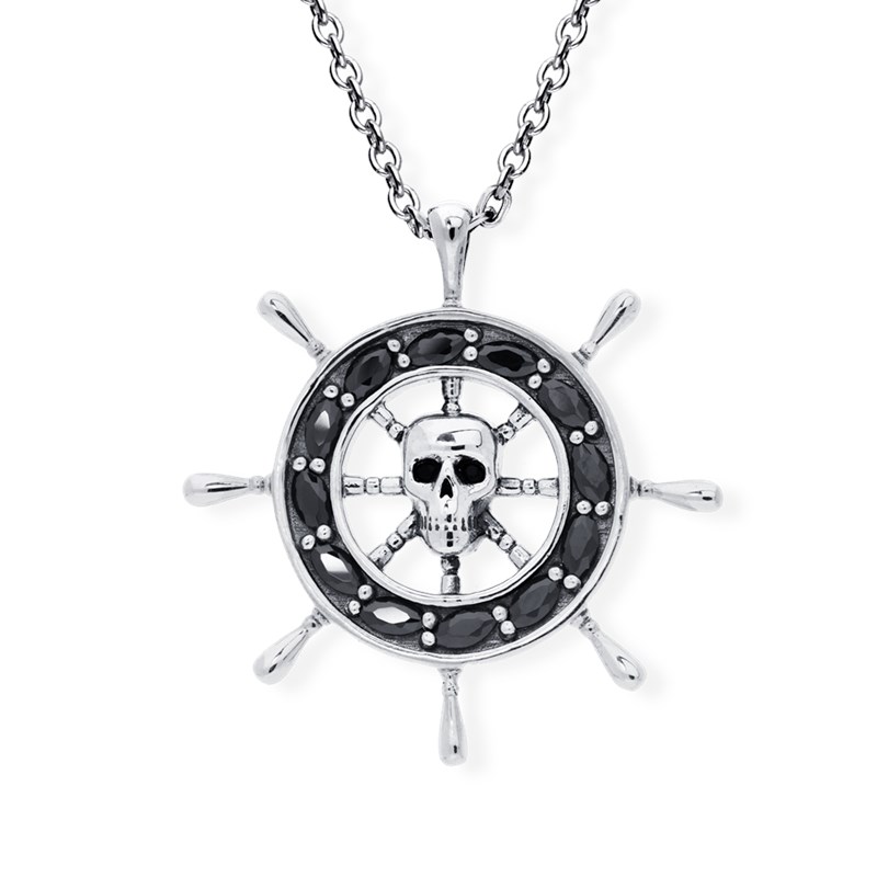 Pendentif Argent Pour Homme Barre Pirate Avec Tête De Mort Centrale Pierre Noire