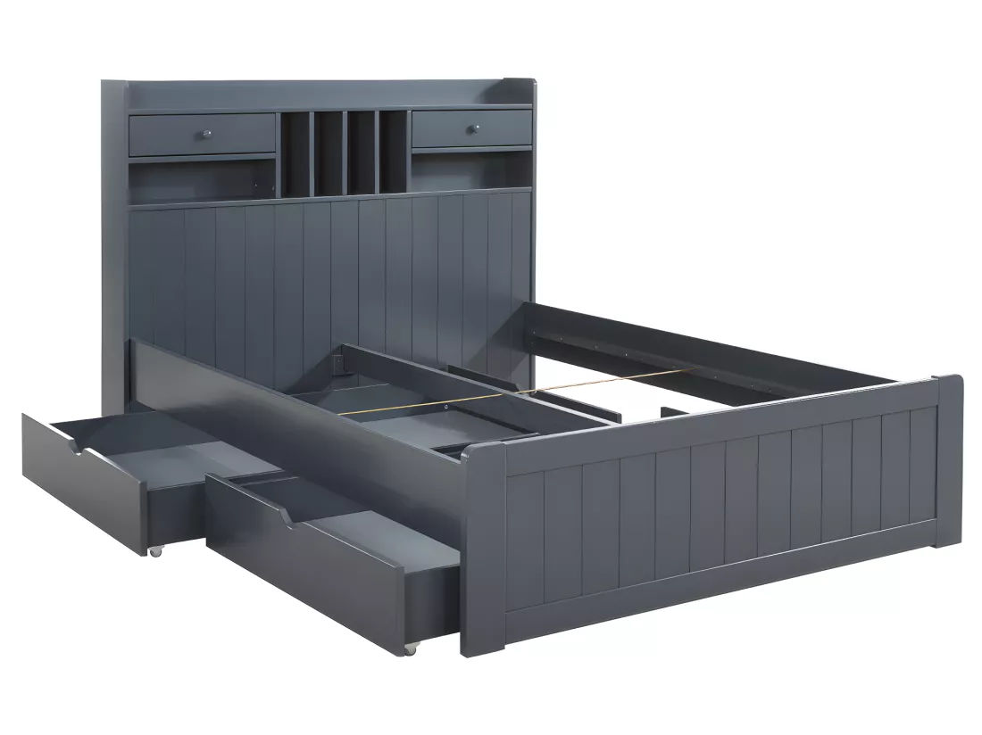 Lit avec rangements 140 x 190 cm - Pin - Gris anthracite + Sommier - MEDERICK