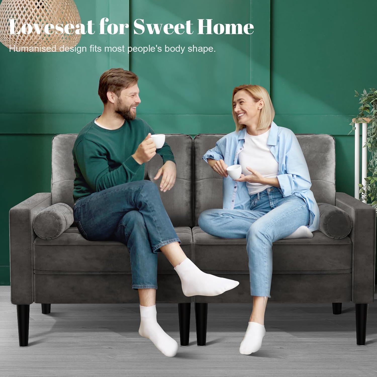 2-Sitzer-Sofa, Samt Couch mit 2 Kissen, Sitzkissen, Modernes Sofa in der Mitte des Jahrhunderts, kleine Sofas für Wohnzimmer/Wohnung/Schlafzimmer, Metallic-Grau