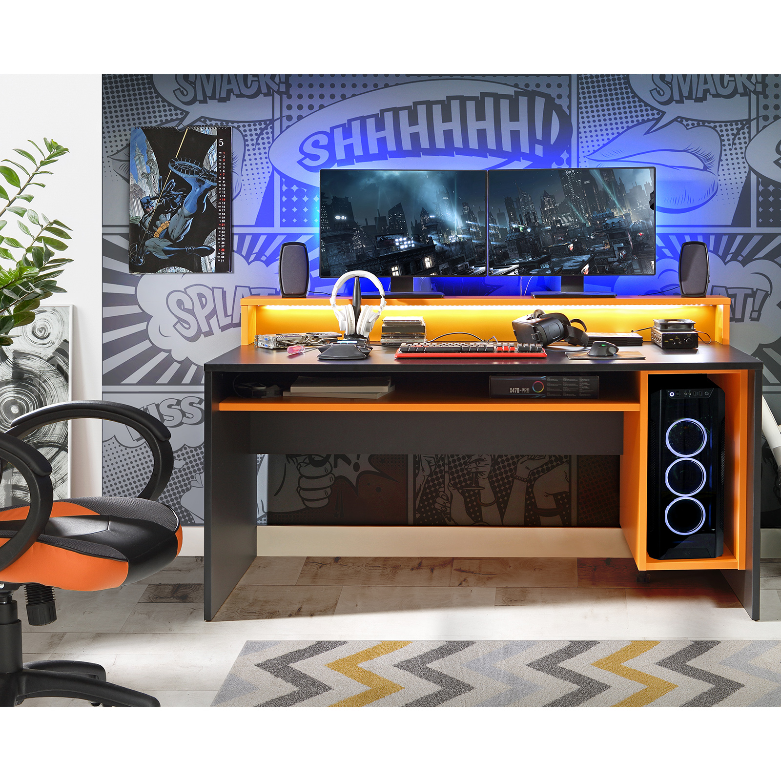 Gamer-Schreibtisch - schwarz-orange - mit LED-Beleuchtung - 160 cm breit