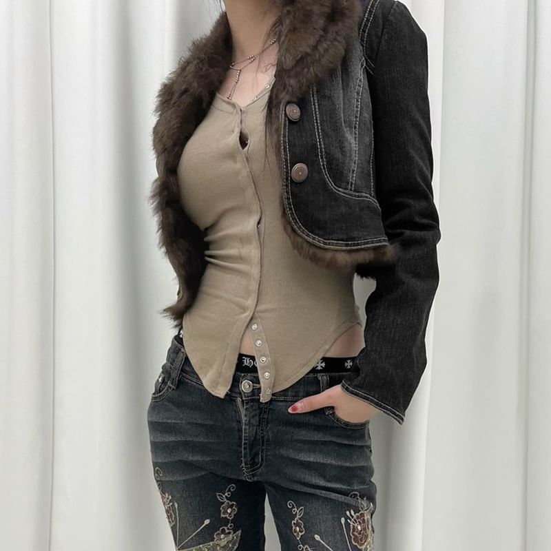 Honey River - Gewassen denim jack met kraag en imitatiebont en knopen