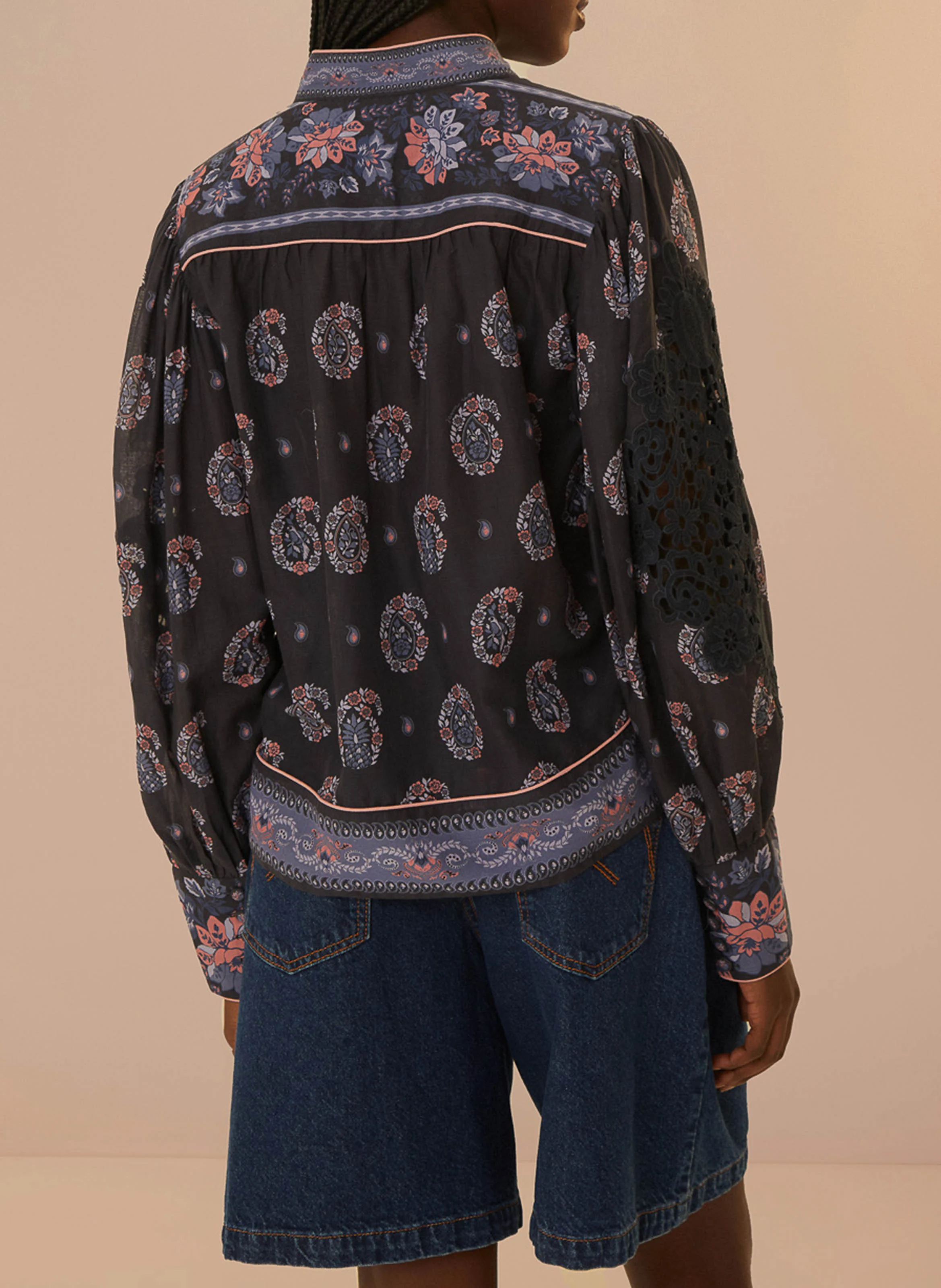 Blouse droite col montant en coton imprimé | Bleu