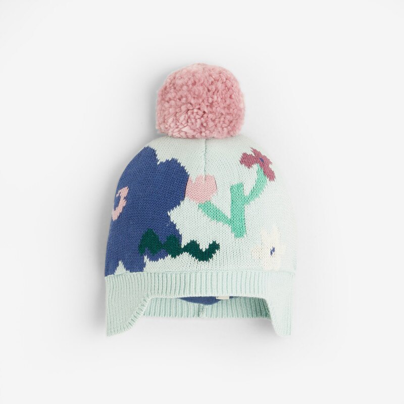 Bonnet bébé à pompon violine en tricot bleu Catimini Bleu