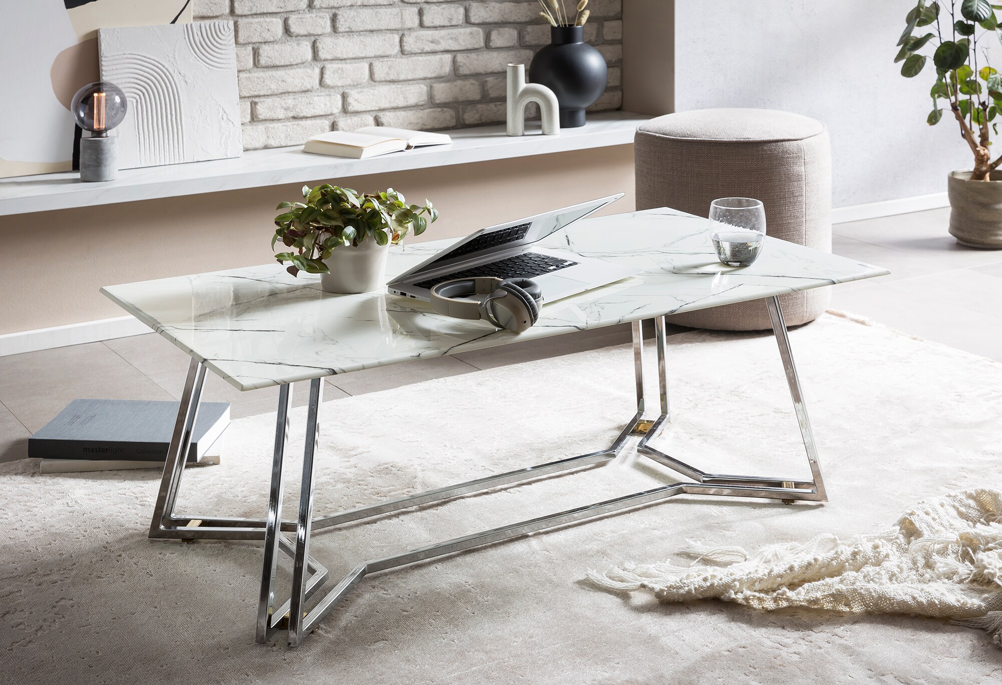 Couchtisch 110x60 Glastisch weiß Chrom Beistelltisch Wohnzimmer Sofatisch Tisch