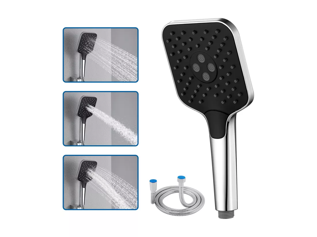 AURALUM MAX Pommeau de Douche Haute Pression+Tuyau de 1,5m en Inox,Avec 3 Modes de Jet,Pulvérisateur Douche Anti-Calcaire Pommeau,Chromé+Noir