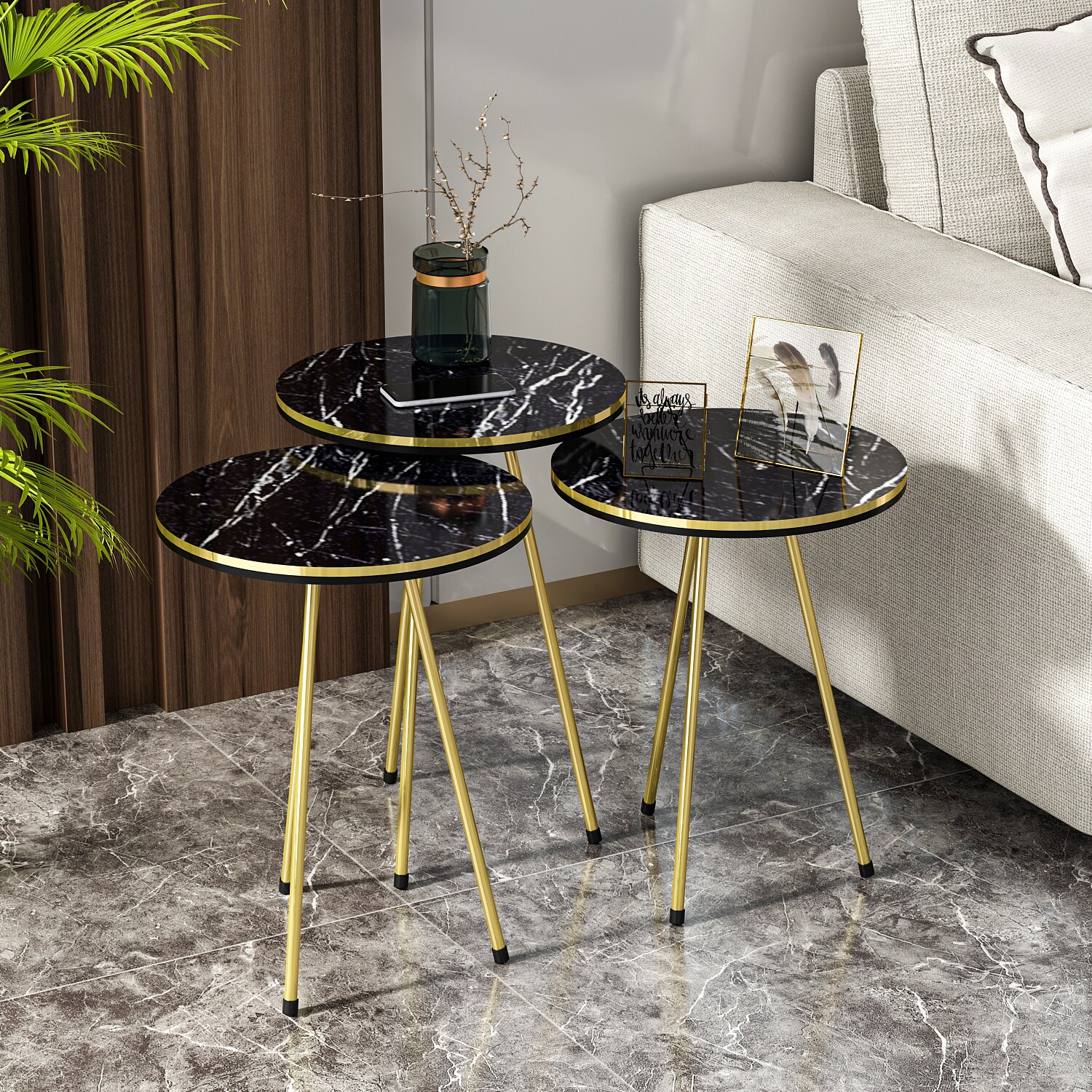 Beistelltisch 3er Set Marmoroptik Schwarz 21716146