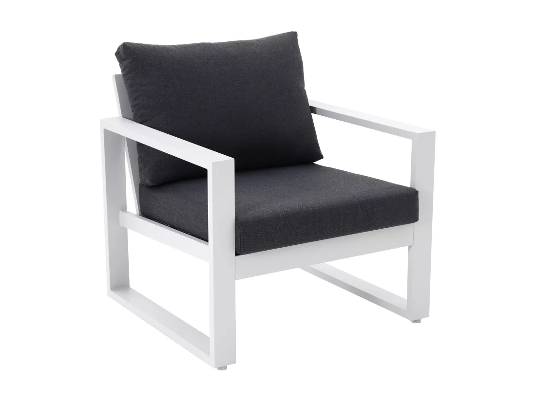 Salon de jardin en aluminium : un canapé 3 places, 2 fauteuils et une table basse - Blanc coussins noirs - JALLY de MYLIA