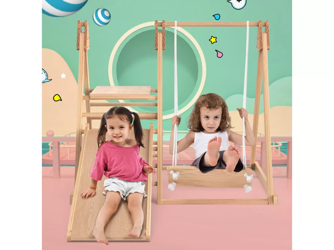 Toboggan et balançoire pour enfants, jouets en bois pour enfants. Fabriqué en pin massif, contreplaqué. Jouet pour enfants 3 en 1 avec structure d'escalade, balançoire, toboggan, jouet combiné pour l'intérieur