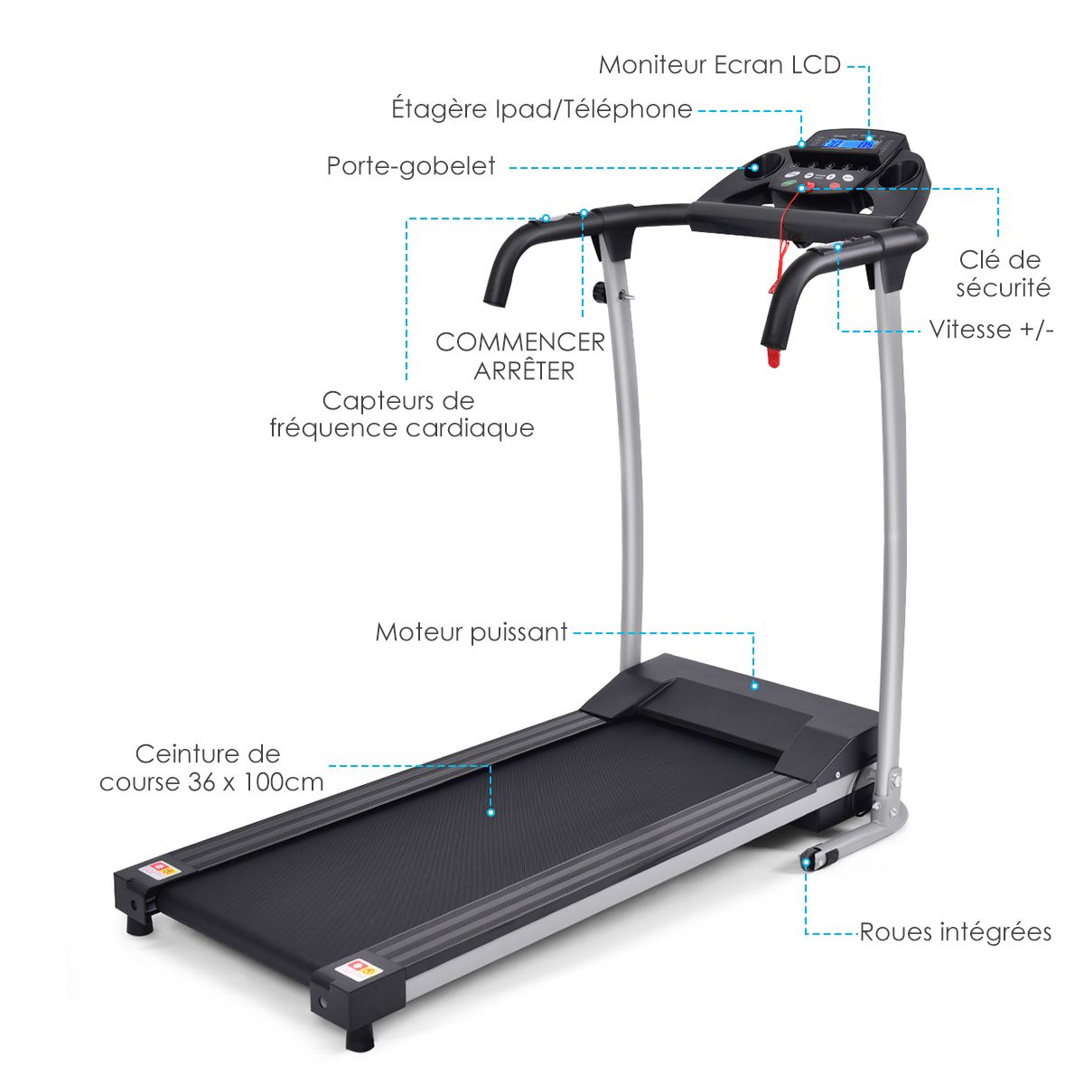 Tapis de Course Électrique Pliable avec Écran et Moniteur de Fréquence Cardiaque avec Vitesse de 1 à 10 km/h et 12 Programmes Noir - Lidl-Manfred
