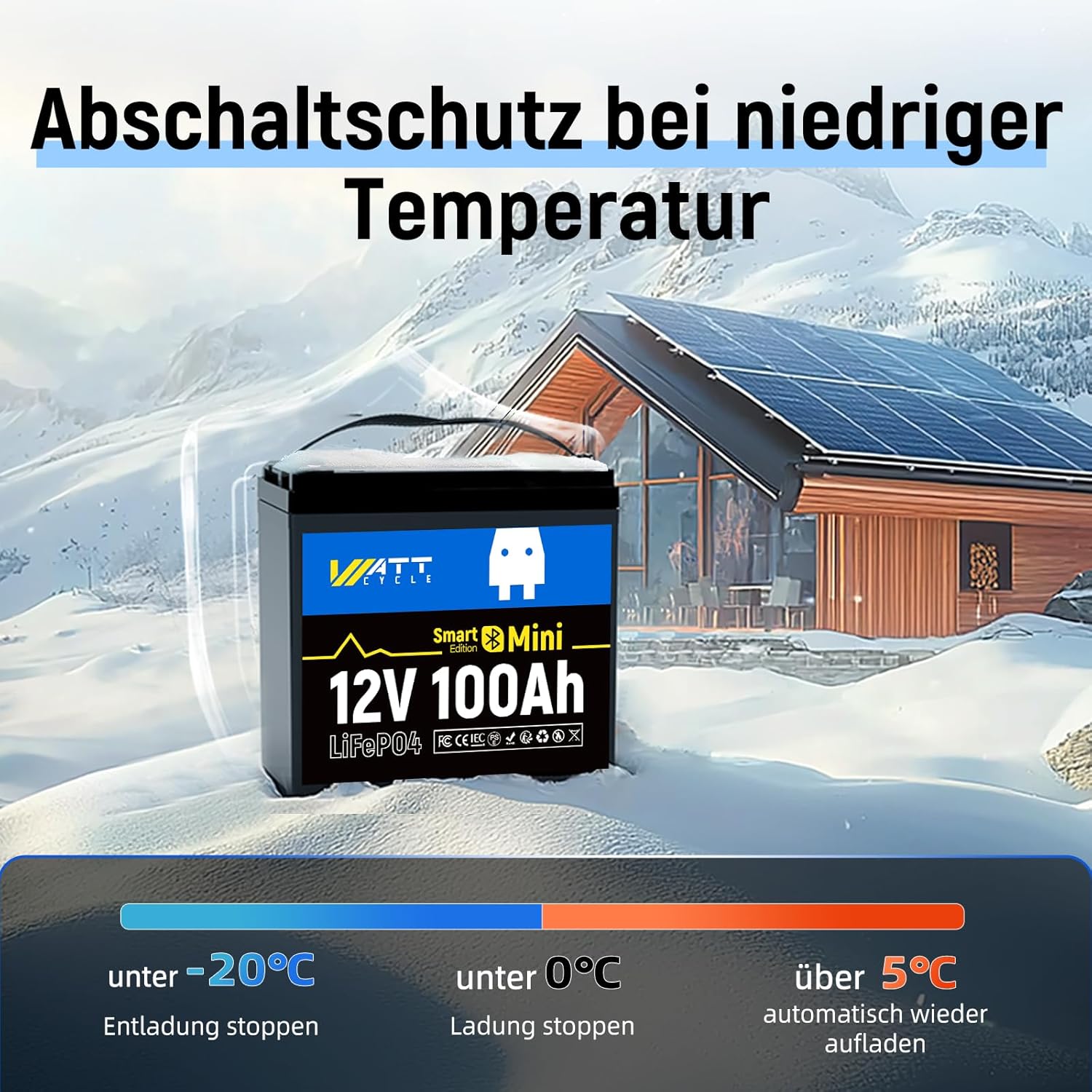 WattCycle 12V 100Ah LiFePO4 Lithiumbatterie mit Bluetooth,12V Mini Batterie 100A Smart BMS,Unterstützung der Batterieüberwachung über Bluetooth-App,15000 Tiefentladezyklen,für Wohnmobil,Wohnwagen,RVs