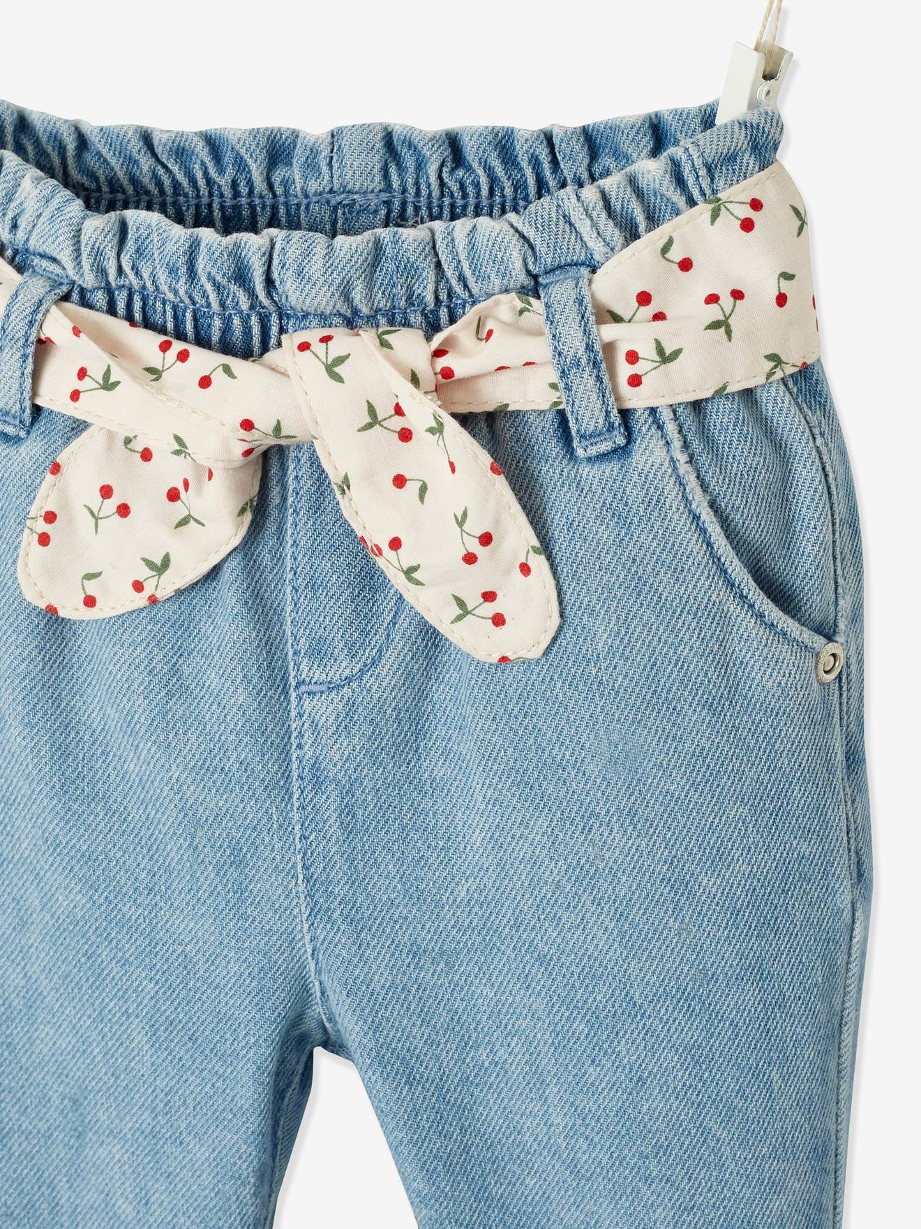 Calça jeans com cinto de tecido, para bebê, lavagem azul média