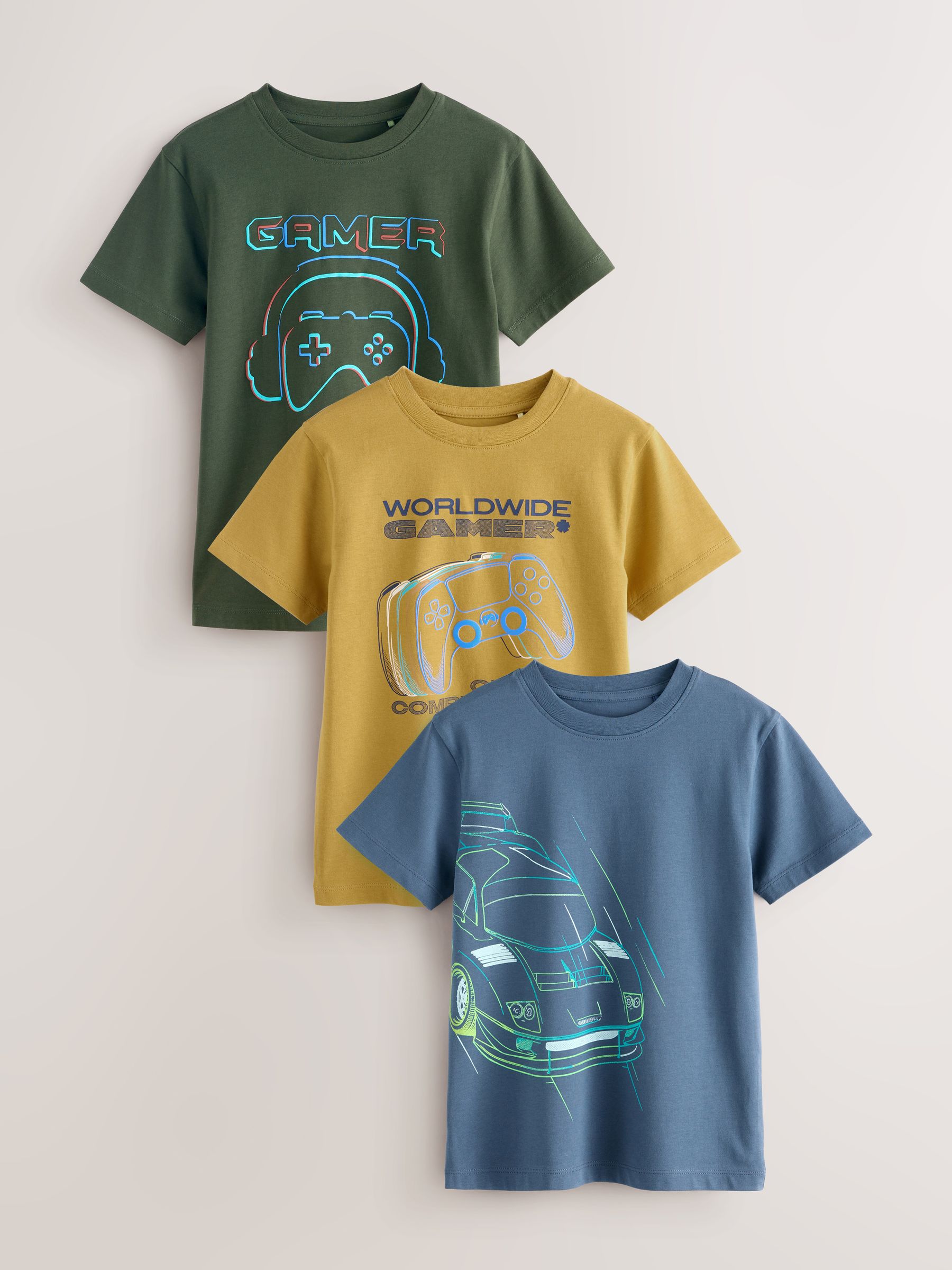 Blauw/groen/geel - Regular fit T-shirts met grafische print en korte mouwen 3 stuks (3-16jr)