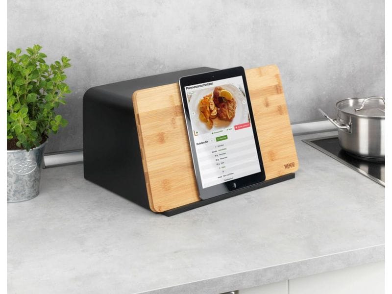 Wenko Brotkasten Kubo Schwarz Brotbox mit integriertem Bambusschneidebrett