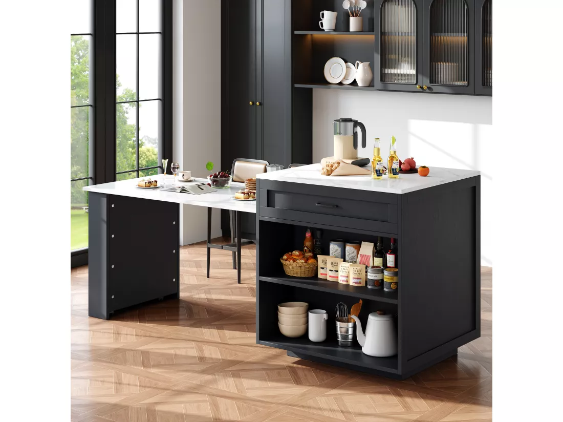 Ilot central de cuisine avec 2 portes et 2 tiroirs - Plateau extensible - Comptoirs en marbre artificiel - 133(202)x59x93.5 cm - 2 à 6 personnes - Noir +Blanc