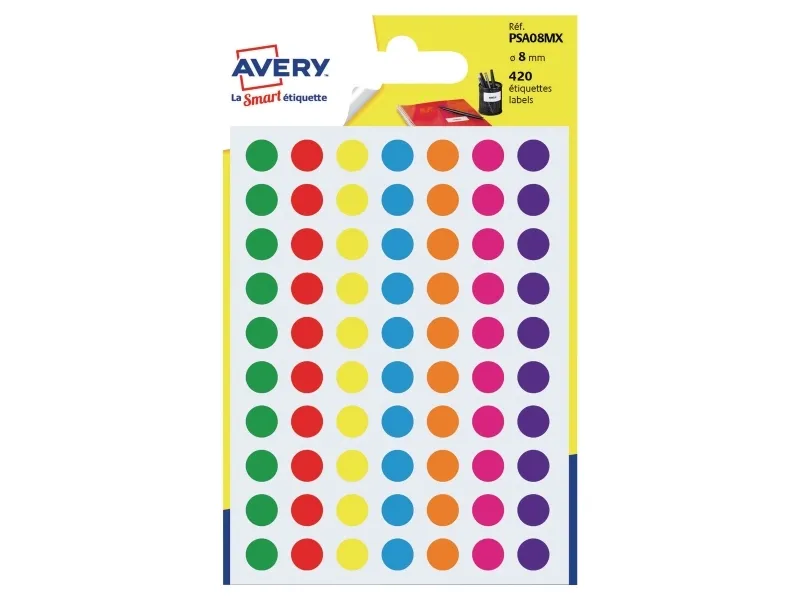 Etiketter Avery PSA08MX Ø8mm ass. farver - (420 stk.)