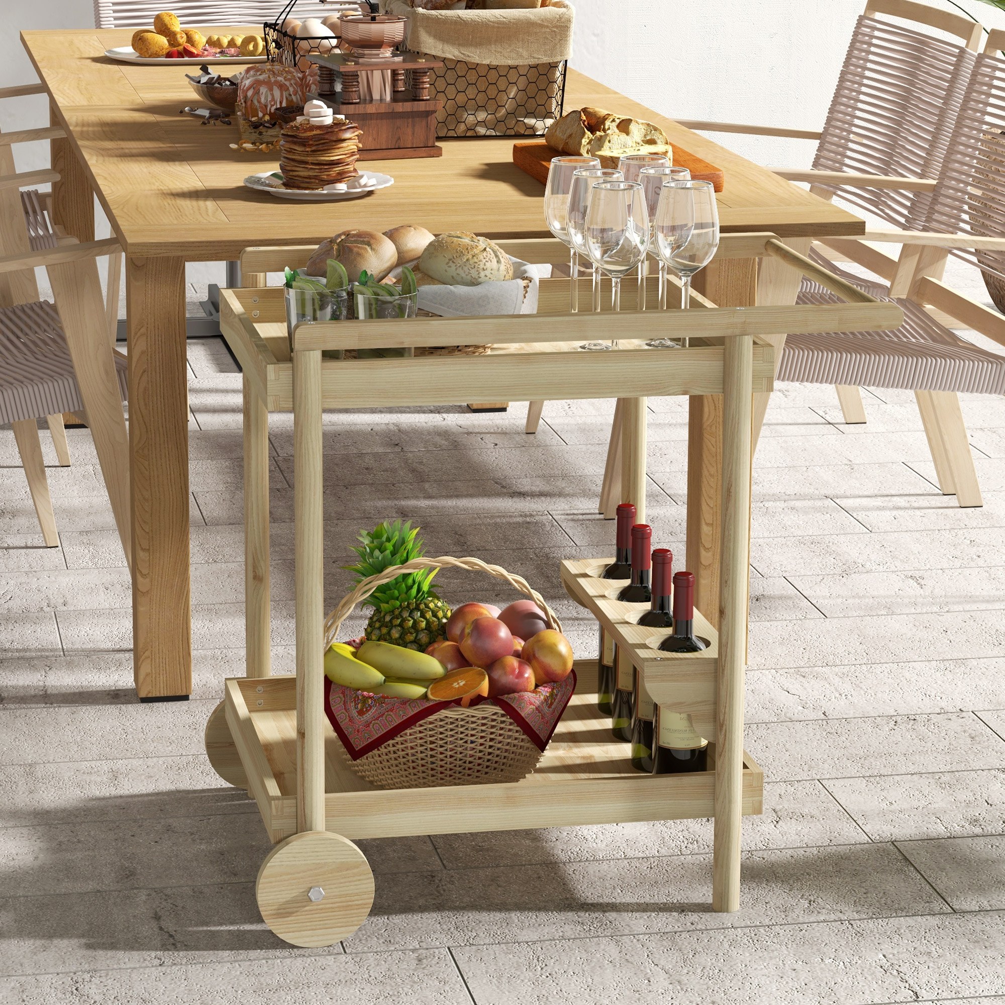 Carrinho de servir Outsunny com rodas, madeira natural