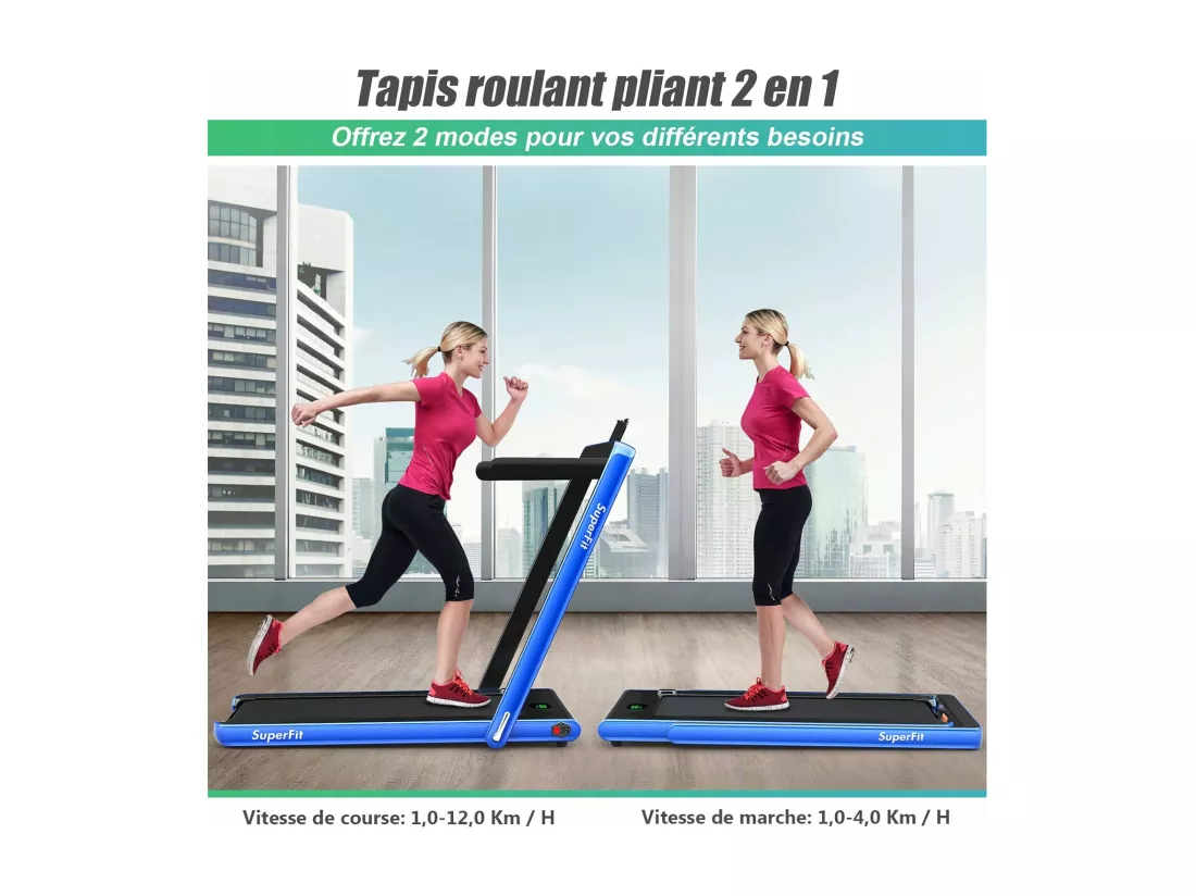 Tapis de Course Electrique Pliable 2 en 1 Contrôlé par APP, 12 Km/H, Bluetooth Moteur 600W, vec Haut-Parleur Bluetooth, Télécommande, Ecran Multifonctions LED