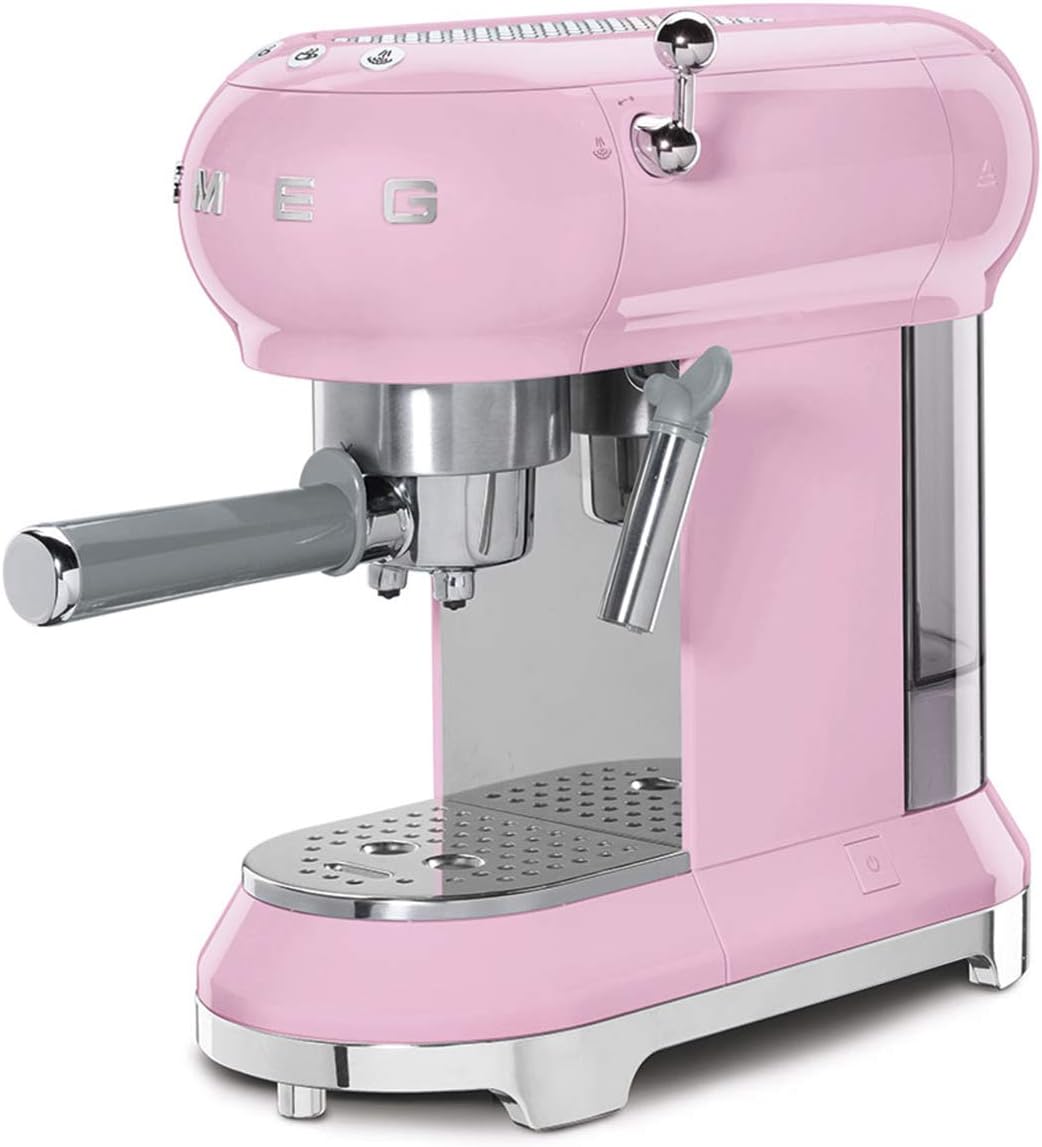 Smeg, ECF01WHEU Manual Espresso -Maschine, Cappuccino -System, Thermoblock, große Tassengehäuse und Doppelkaffeefunktion, 1 l Wassertank, kompakte Abmessungen, 1350W, Weiß