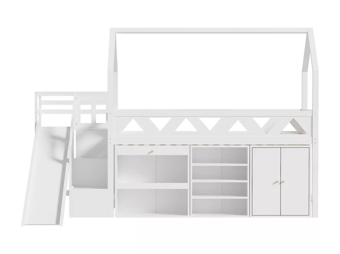 Lit mezzanine multifonctionnel en bois et MDF - 90x200 cm - avec toboggan, escalier et casiers - Blanc(sans matelas)