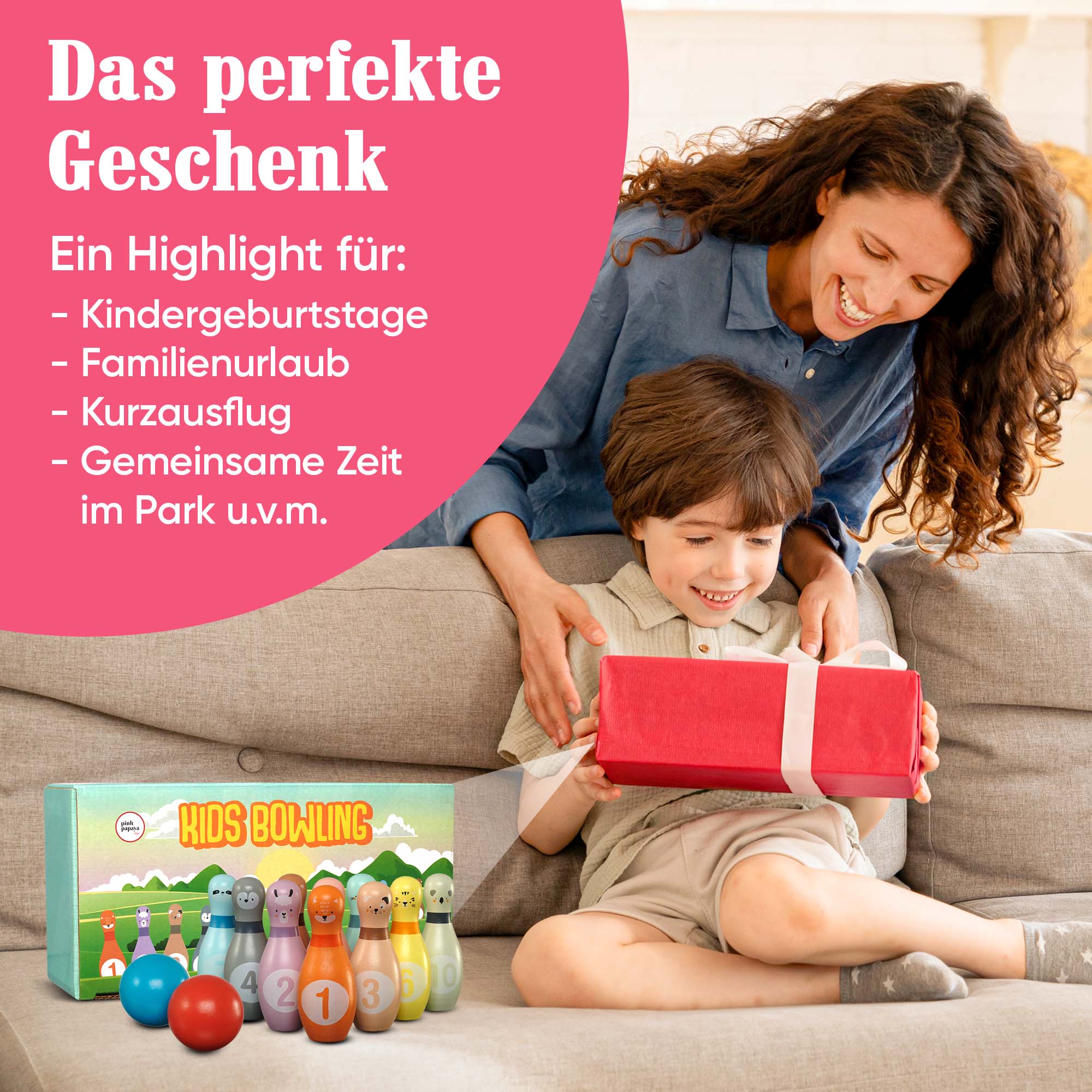 Pink Papaya Kegelspiel für Kinder Kids Bowling Animals