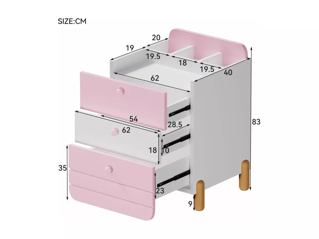 Table de chevet en bois - avec 3 tiroirs et étagères - Rose