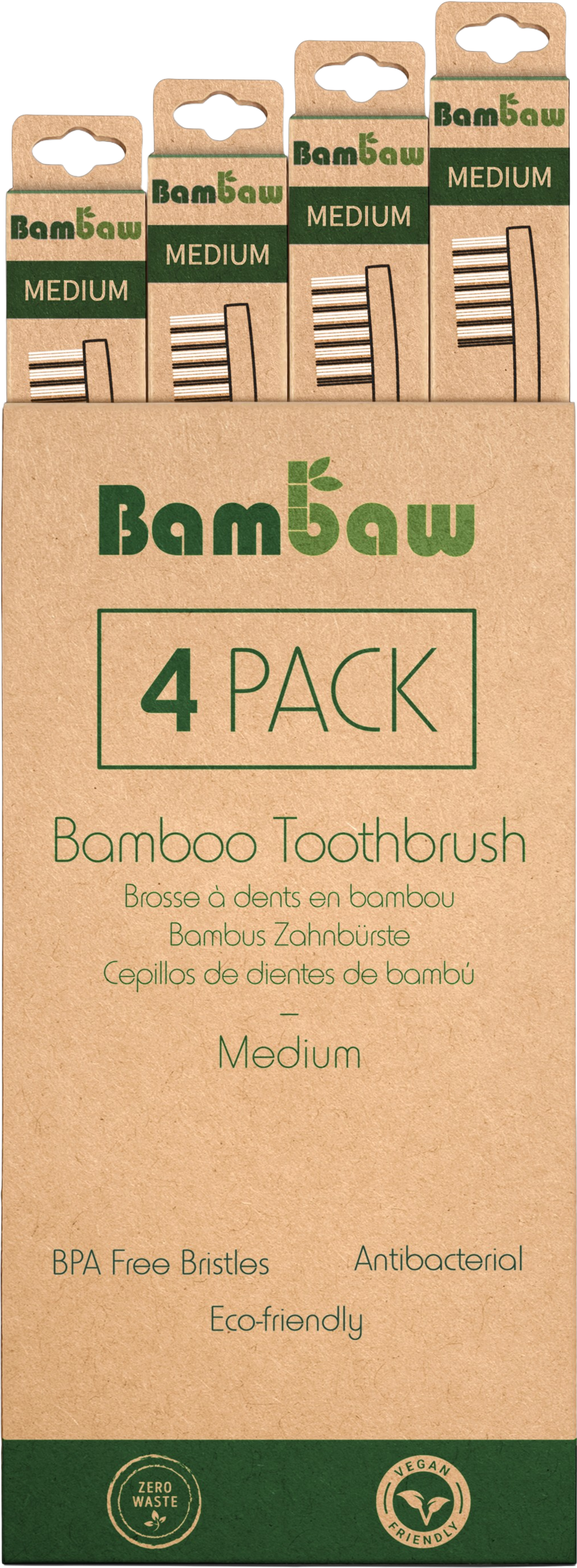 Bambaw  Bambuszahnbürste Mittel, 4 Stk