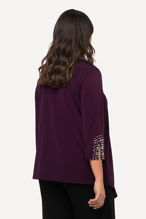 Bluse, Zierfalte, Perlen, A-Linie, V-Ausschnitt, 3/4-Arm