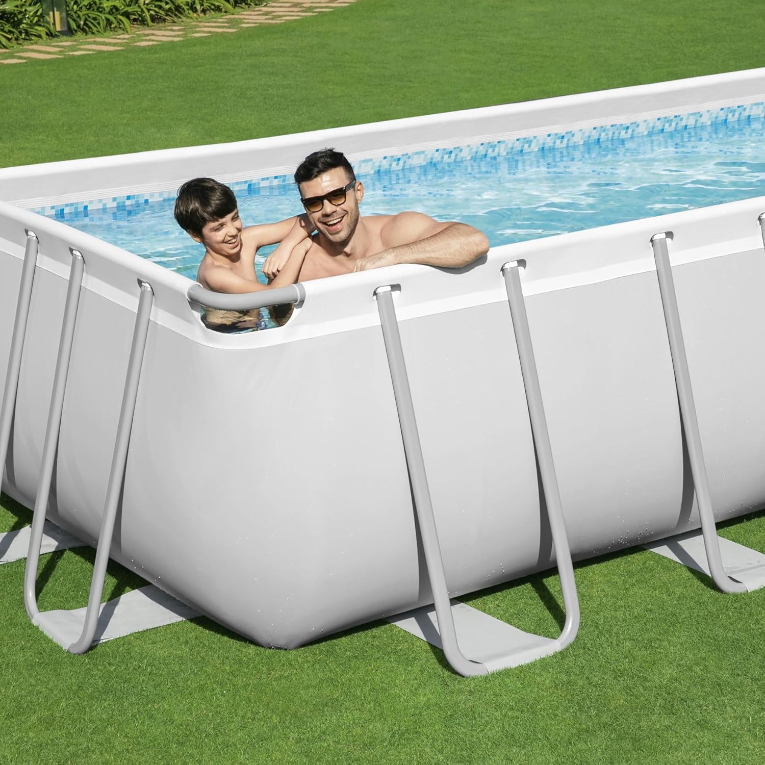 Bestway Power Steel Frame Pool Komplett-Set mit Filterpumpe 732 x 366 x 132 cm, lichtgrau, eckig