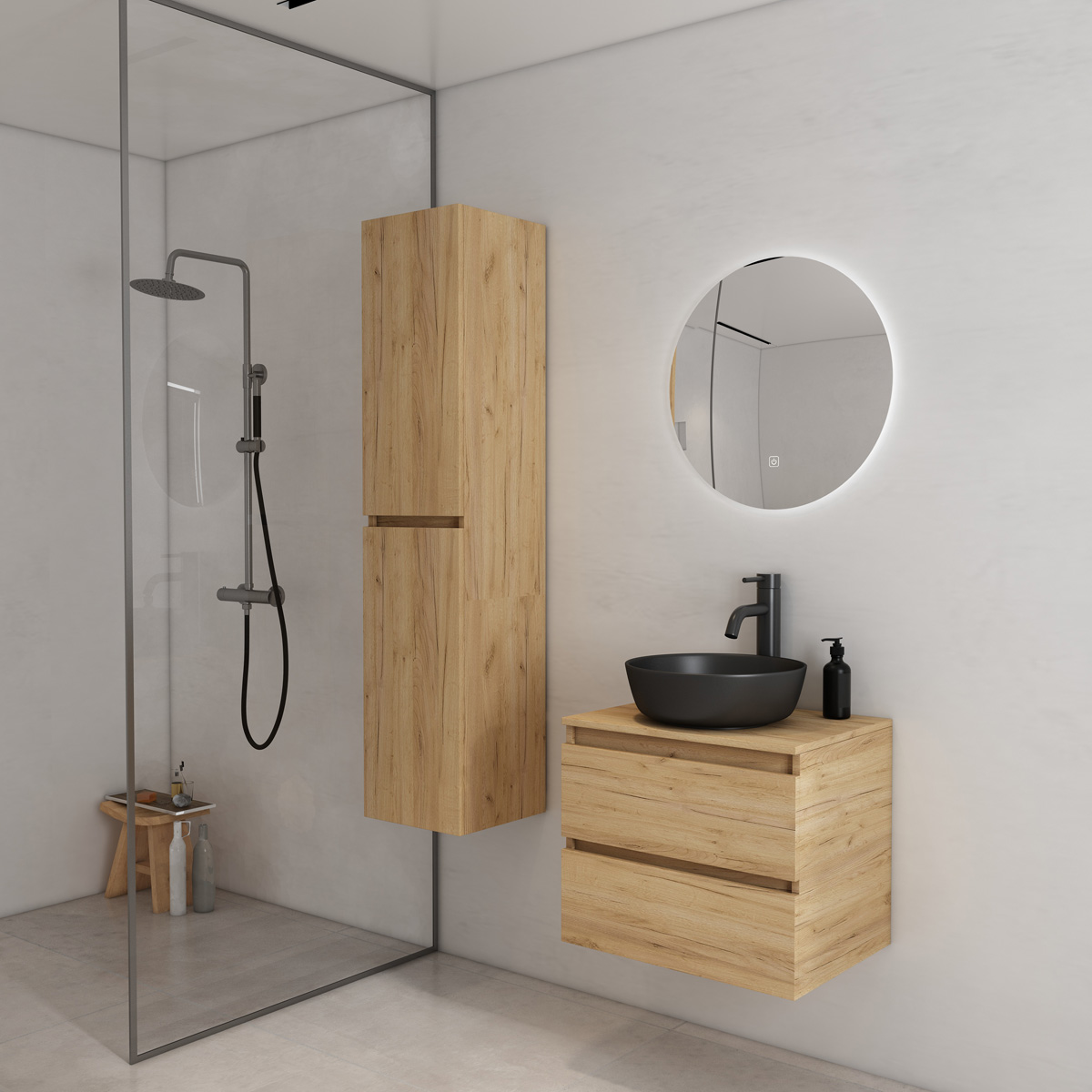 Fontana Proma badkamermeubel 60cm met zwarte waskom en LED spiegel warm eiken