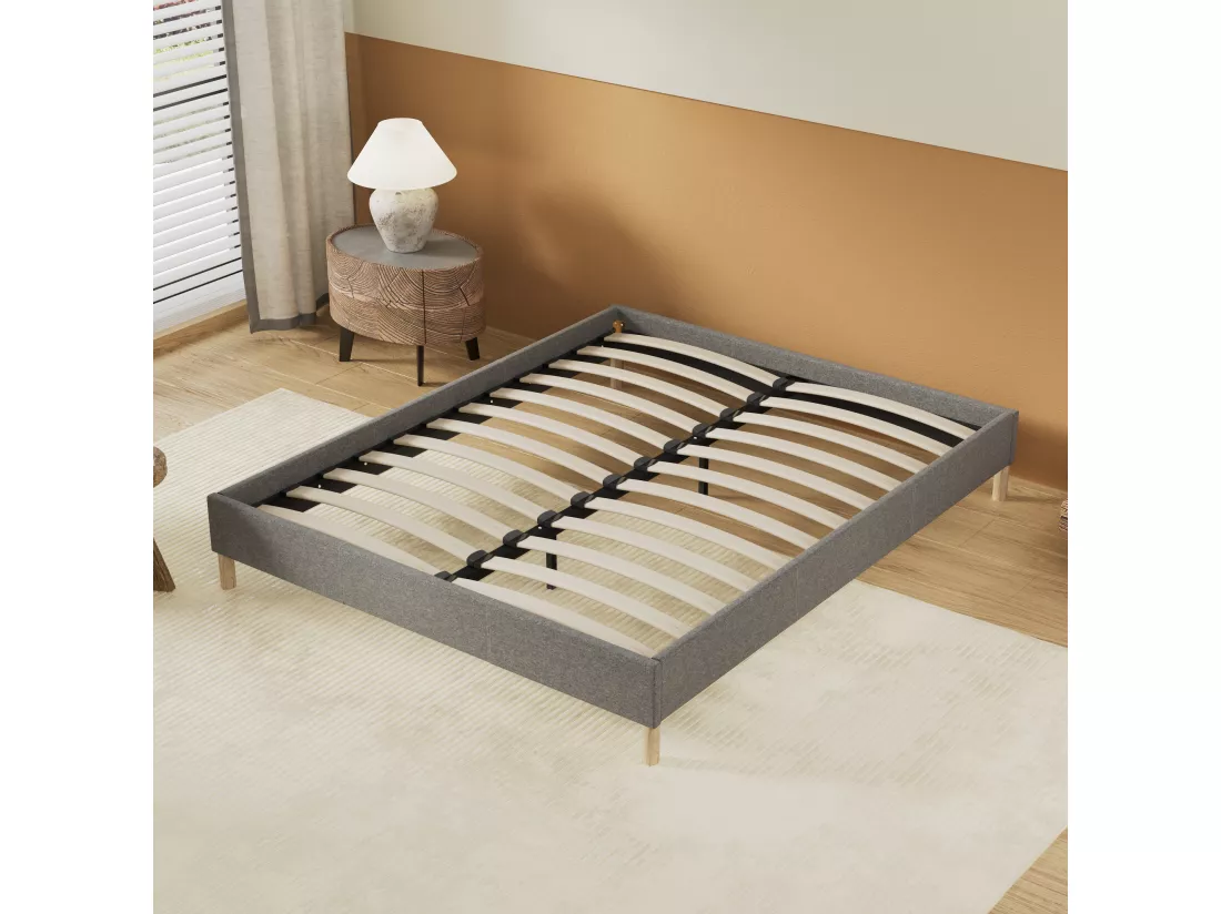 Sommier 90x200 cm, Revêtement en tissu Gris, Pieds en bois
